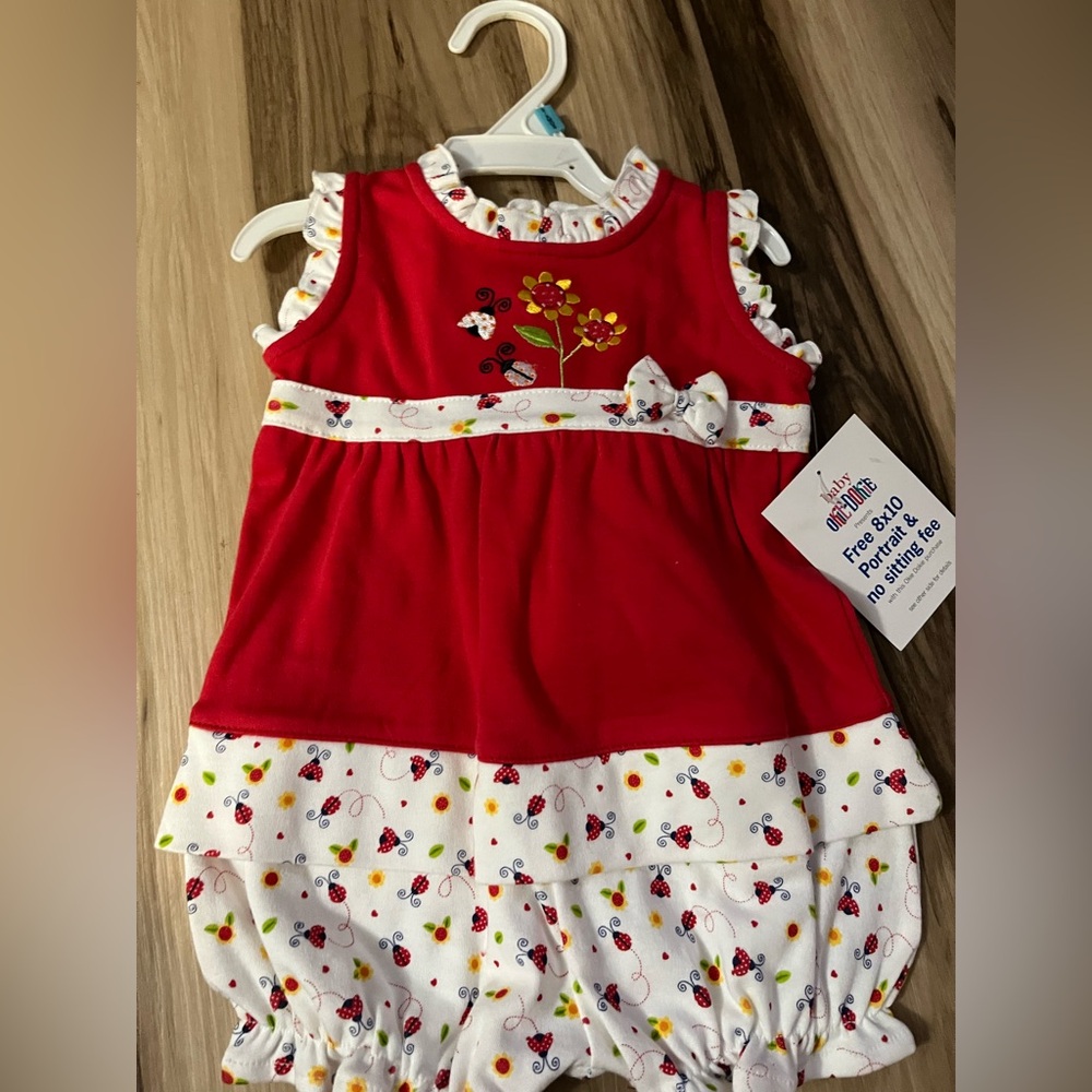 Okie Dokie Baby Vintage Red Lady Bug Floral Baby Romper Hat  3/6 Months NWT
